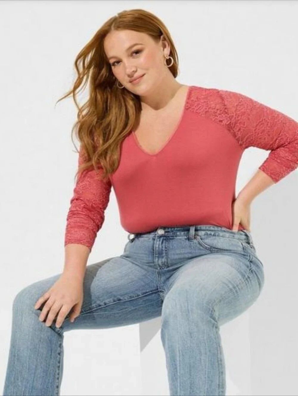 Torrid Holly Berry Lace Sleeve V-Neck Top - New - Picture 3 of 5